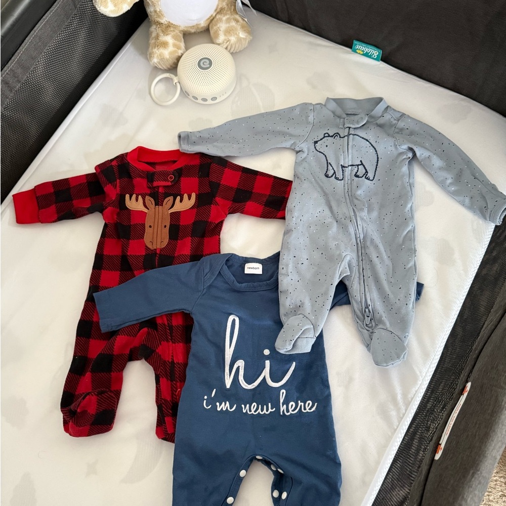 Newborn Baby Footsies Outfits Bundle Moose Plaid I’m New Here Winter Cozy - Picture 2 of 6